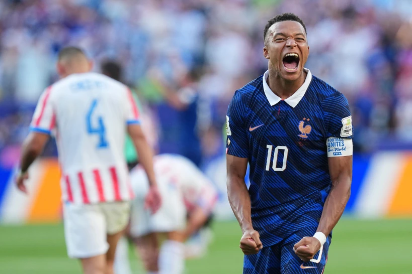 Kylian Mbappé celebrates France’s Round of 16 victory over Paraguay.